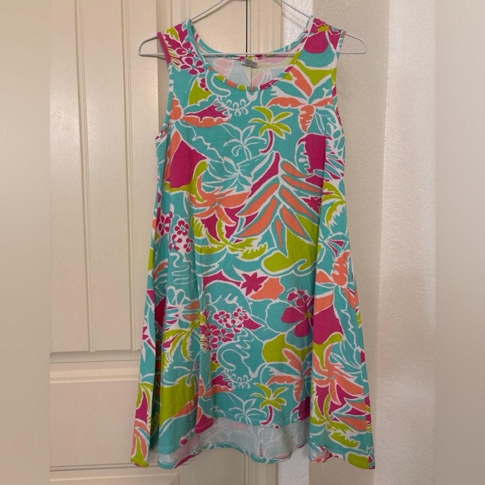 Ricrac & Ruffles Tropical Print Swing dress Small Bright Preppy‎